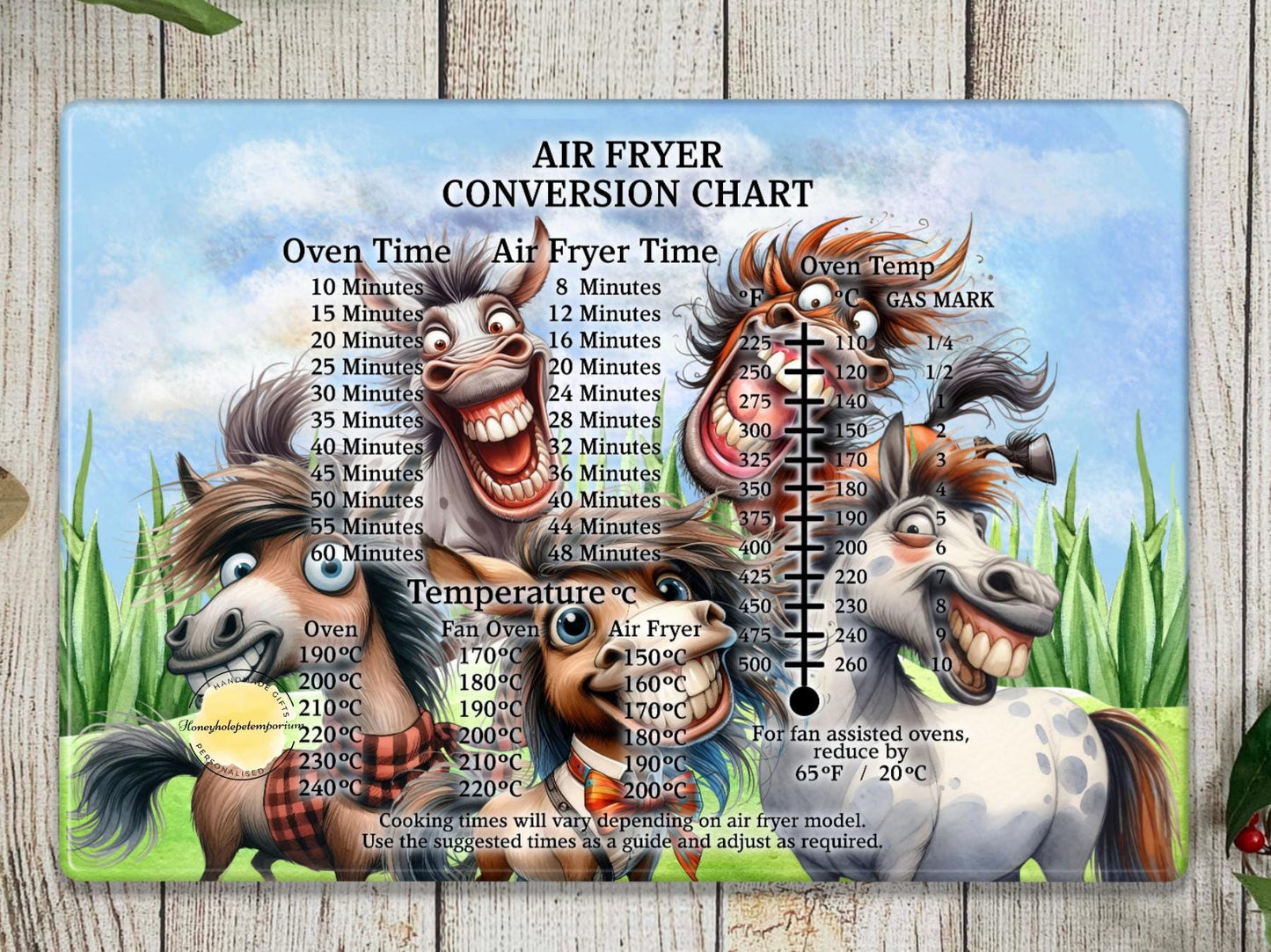 Funny Horse Glass Chopping Board: Air Fryer Conversion Chart Kitchen Cheat Sheet