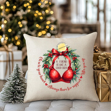 Funny Christmas Friend Pillow – “A Friend Is Like a Good Bra” Wreath Design