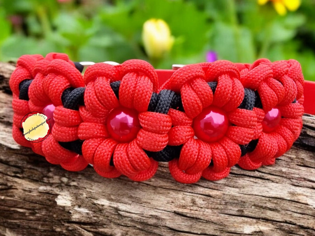 Handmade Paracord Dog Collar: Red & Black Floral Design