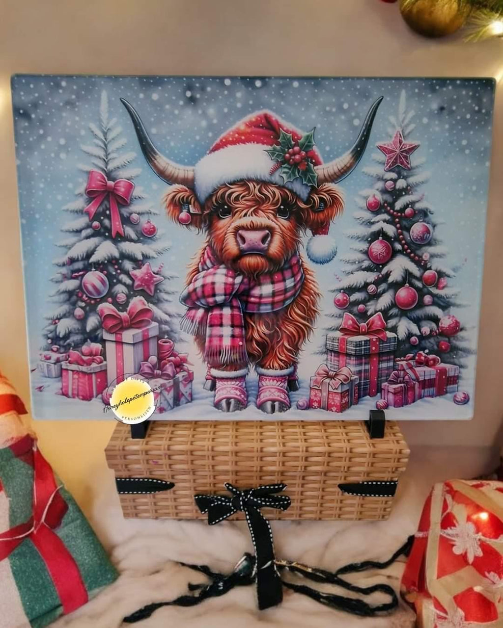 Christmas Highland Cow Glass Chopping Board – Festive Farmhouse Decor
