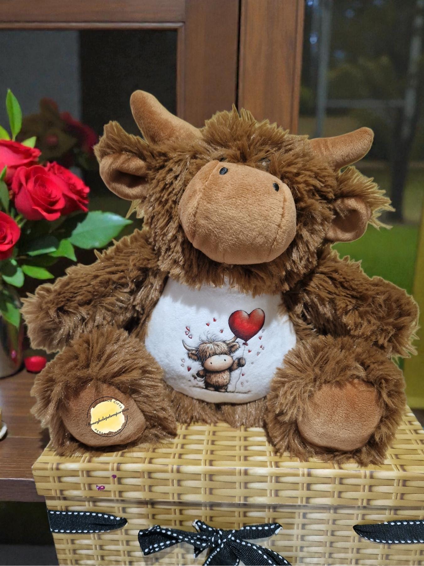 Valentine Highland Cow Soft Toy Gift Set | Cute Plush Cow with Heart Design | Romantic Valentine’s Day Gift for Her