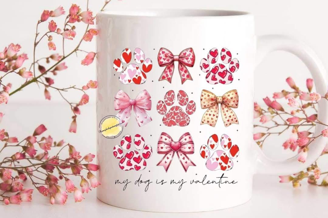 Dog Lover Mug: Valentine's Paw Print Bow Design