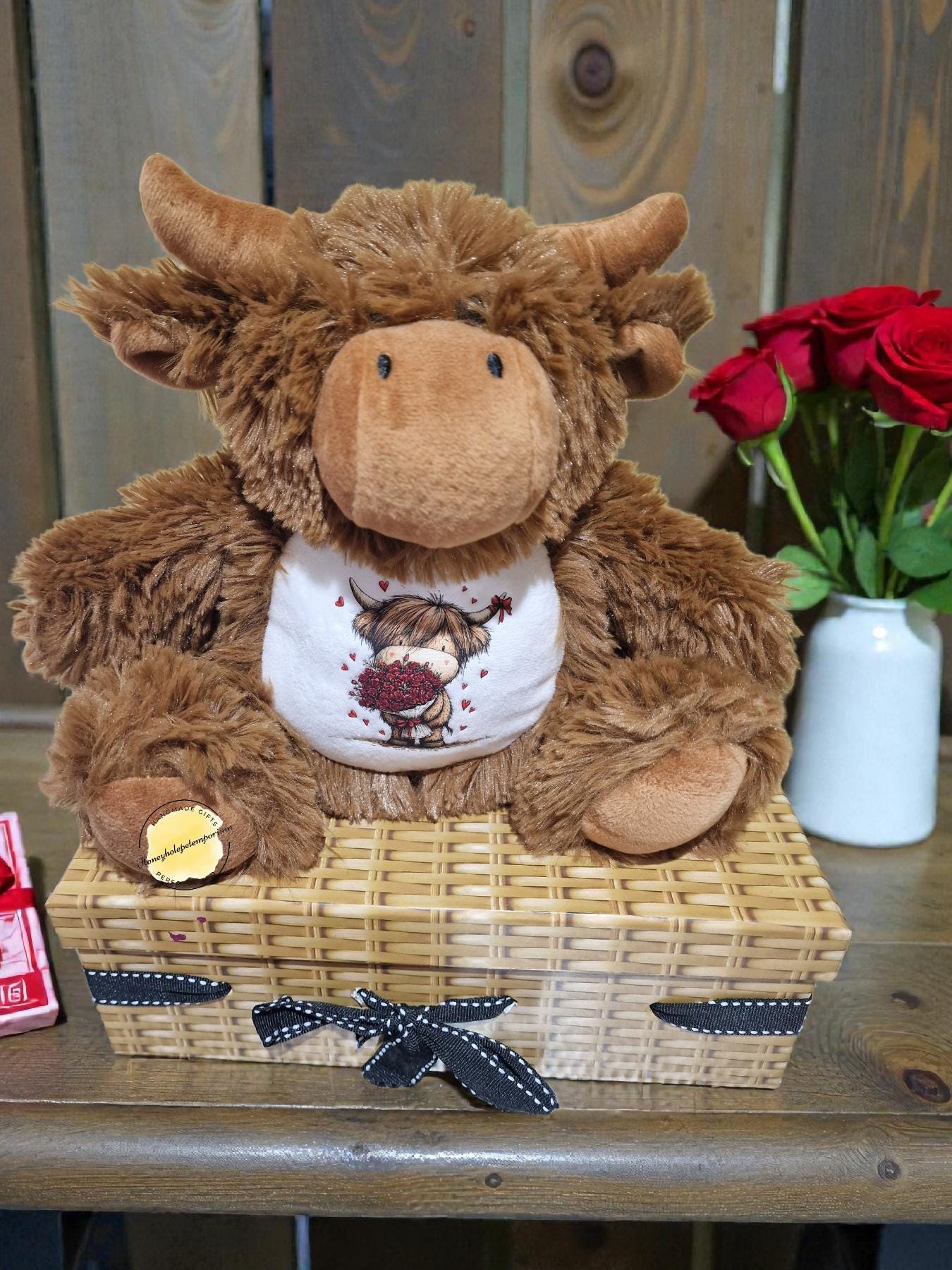 Valentine Highland Cow Soft Toy Gift Set | Cute Plush Cow with Heart Design | Romantic Valentine’s Day Gift for Her