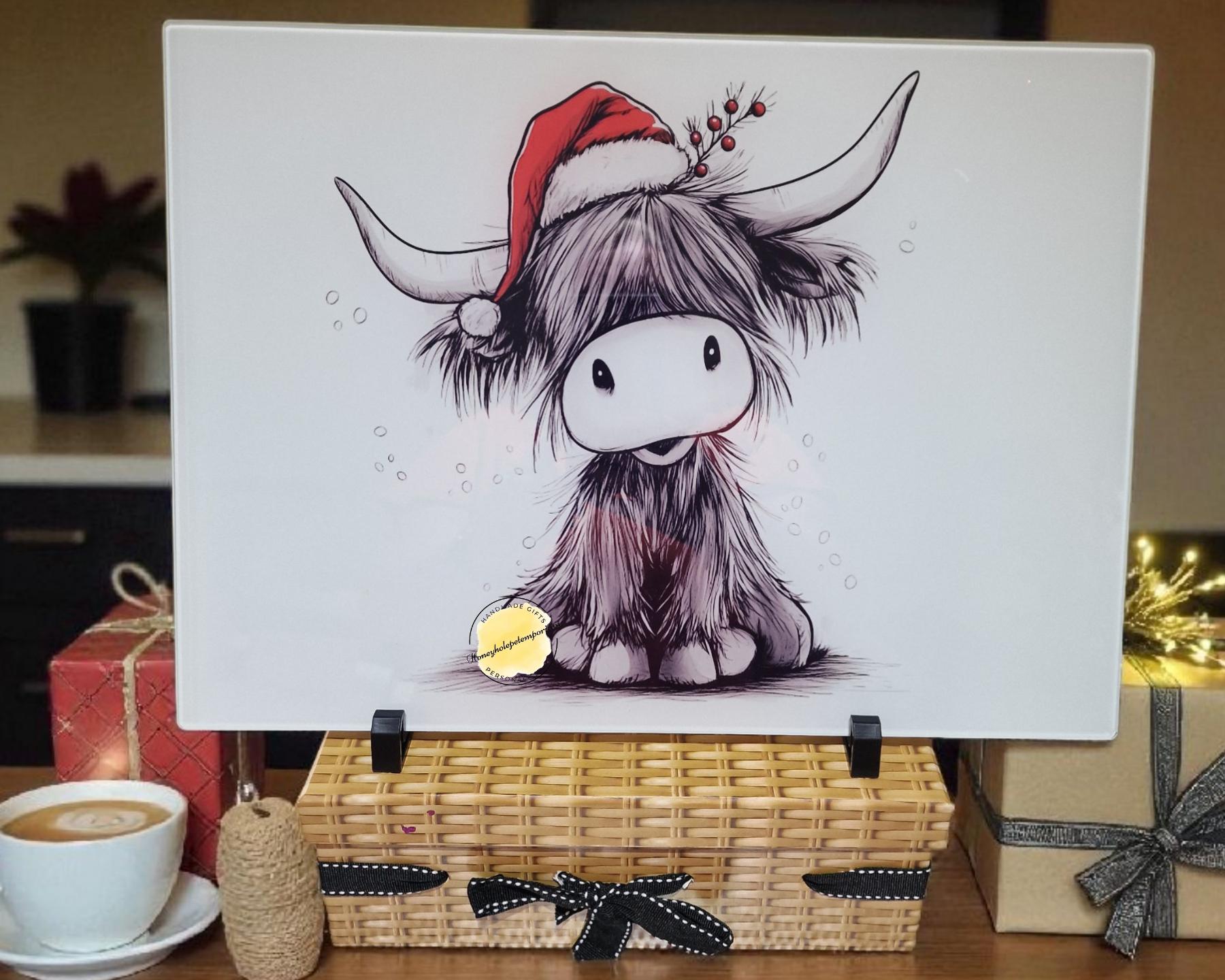 Highland Cow Christmas Glass Chopping Board – Santa Hat Kitchen Decor