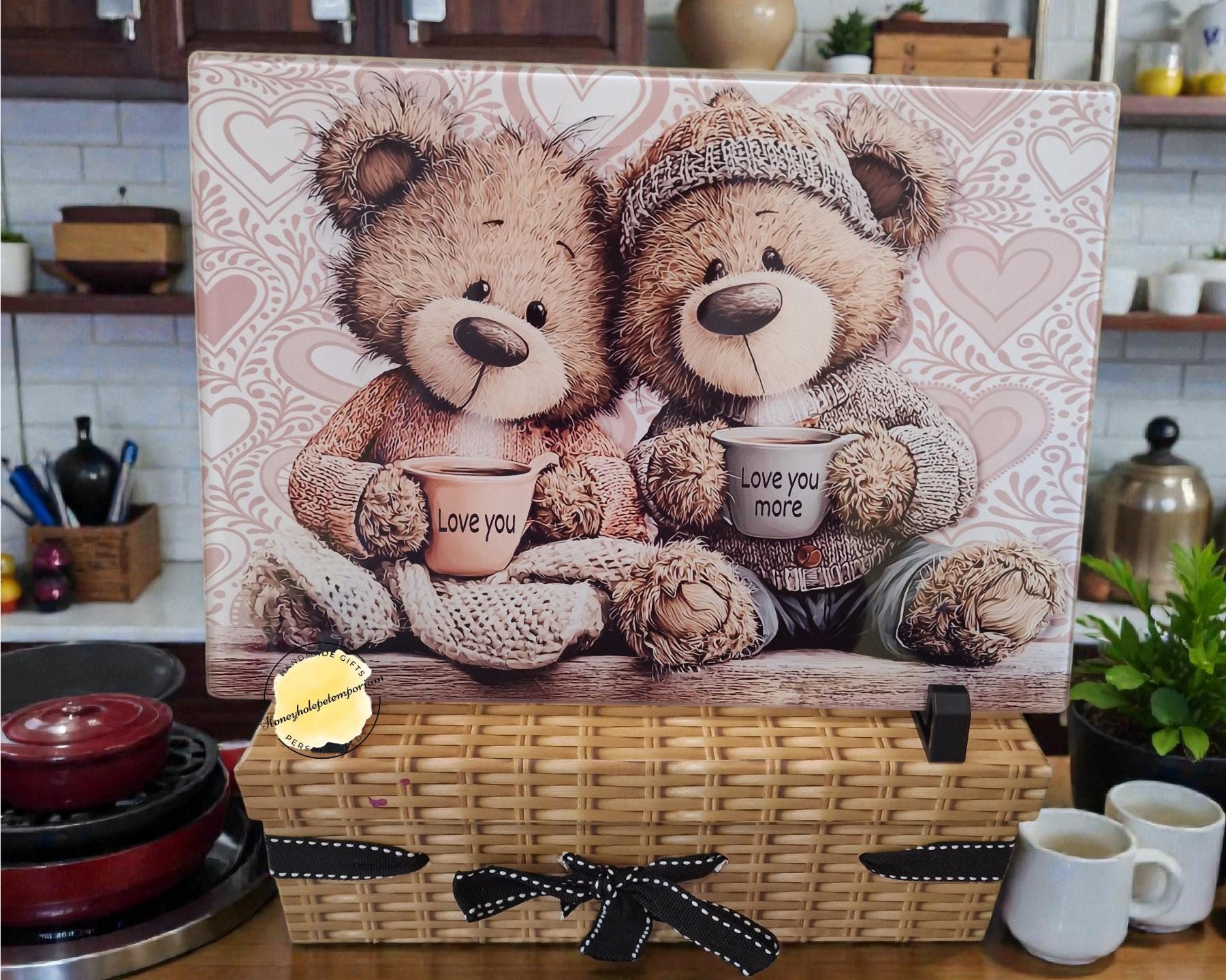 Teddy Bear Couple Glass Chopping Board – Romantic Kitchen Decor, Valentine's Gift