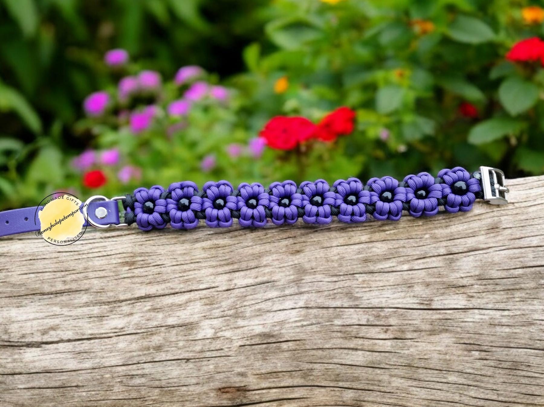 Handmade Paracord Dog Collar: Purple Flower & Bead Design, Adjustable Biothane