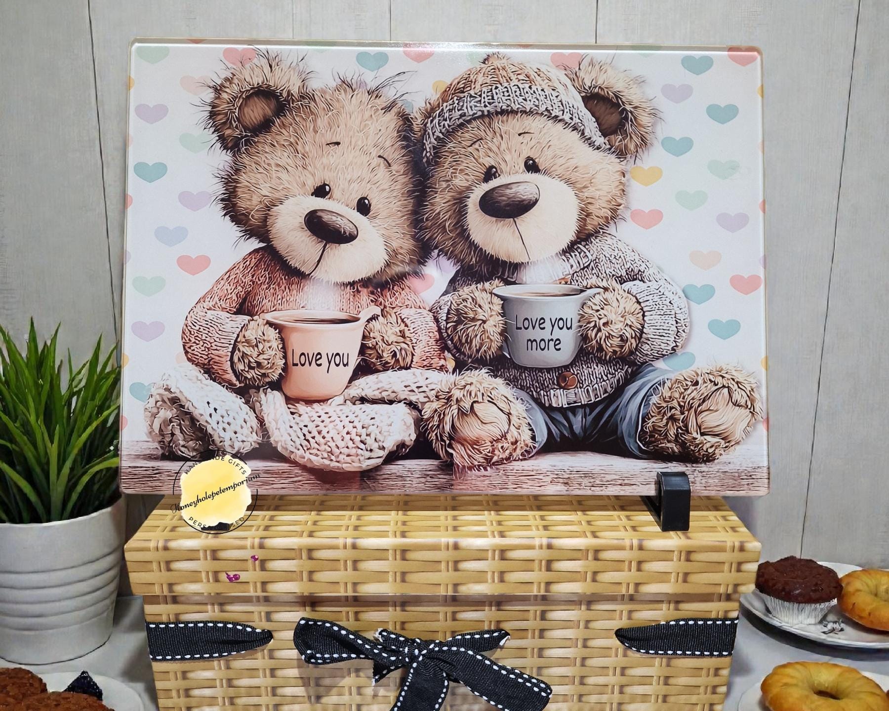 Teddy Bear Glass Chopping Board A4 – Romantic Kitchen Decor