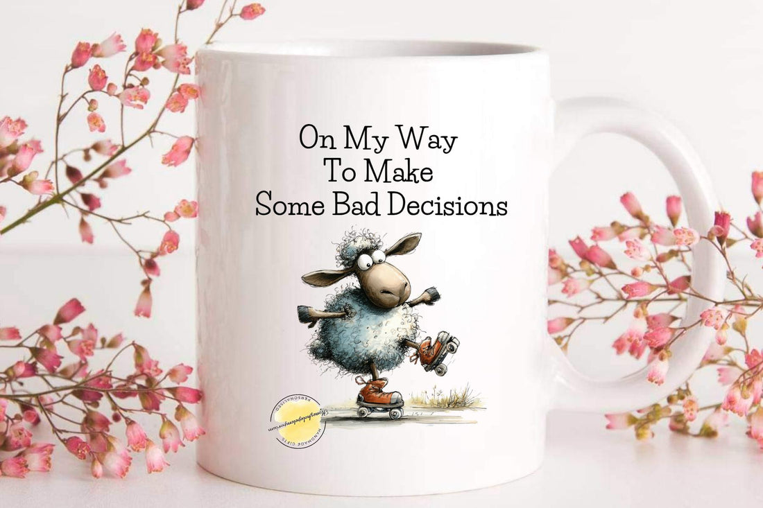 Mug with cartoon sheep and humorous text on a white background with pink flowers.