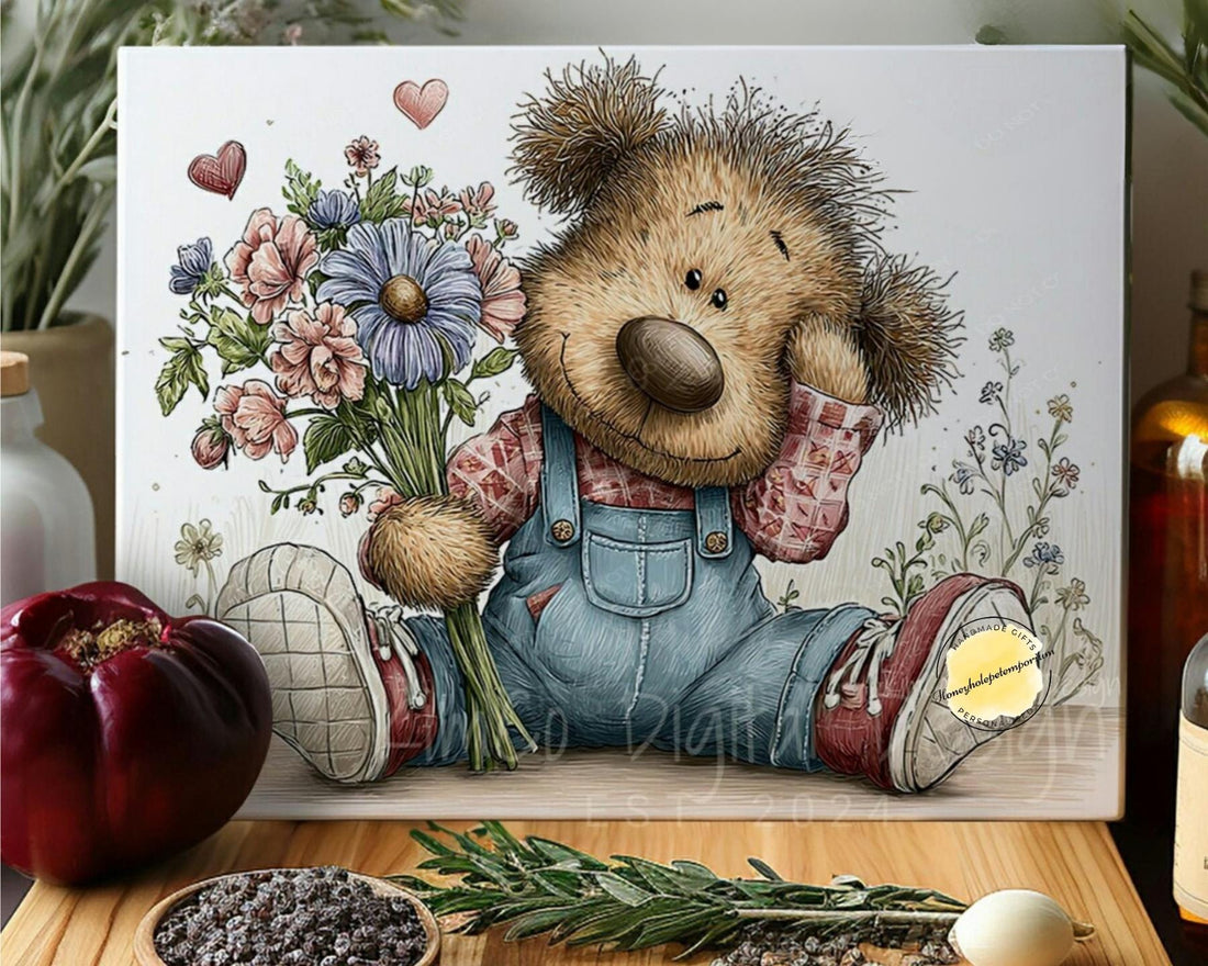Teddy Bear Glass Cutting Board A4 – Rustic Cottagecore Kitchen Decor