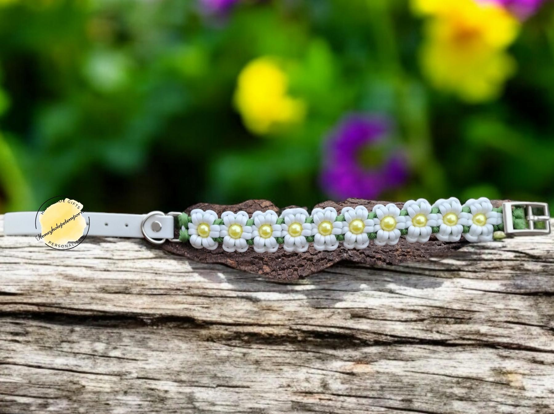 White Flower Paracord Dog Collar: Beaded Biothane, Adjustable