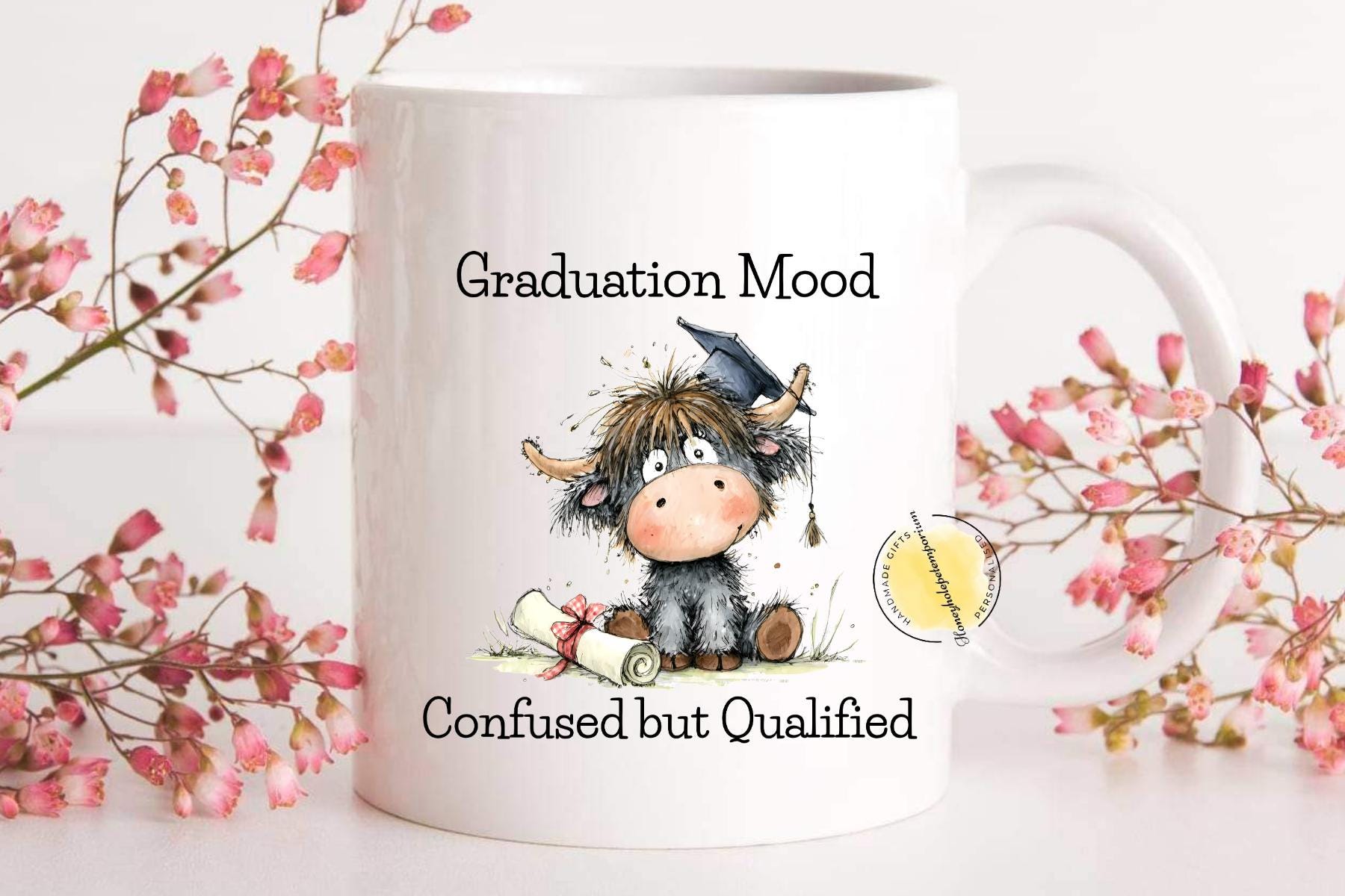 Highland Cow Graduation Mug, Confused but Qualified, Funny Uni Grad Gift