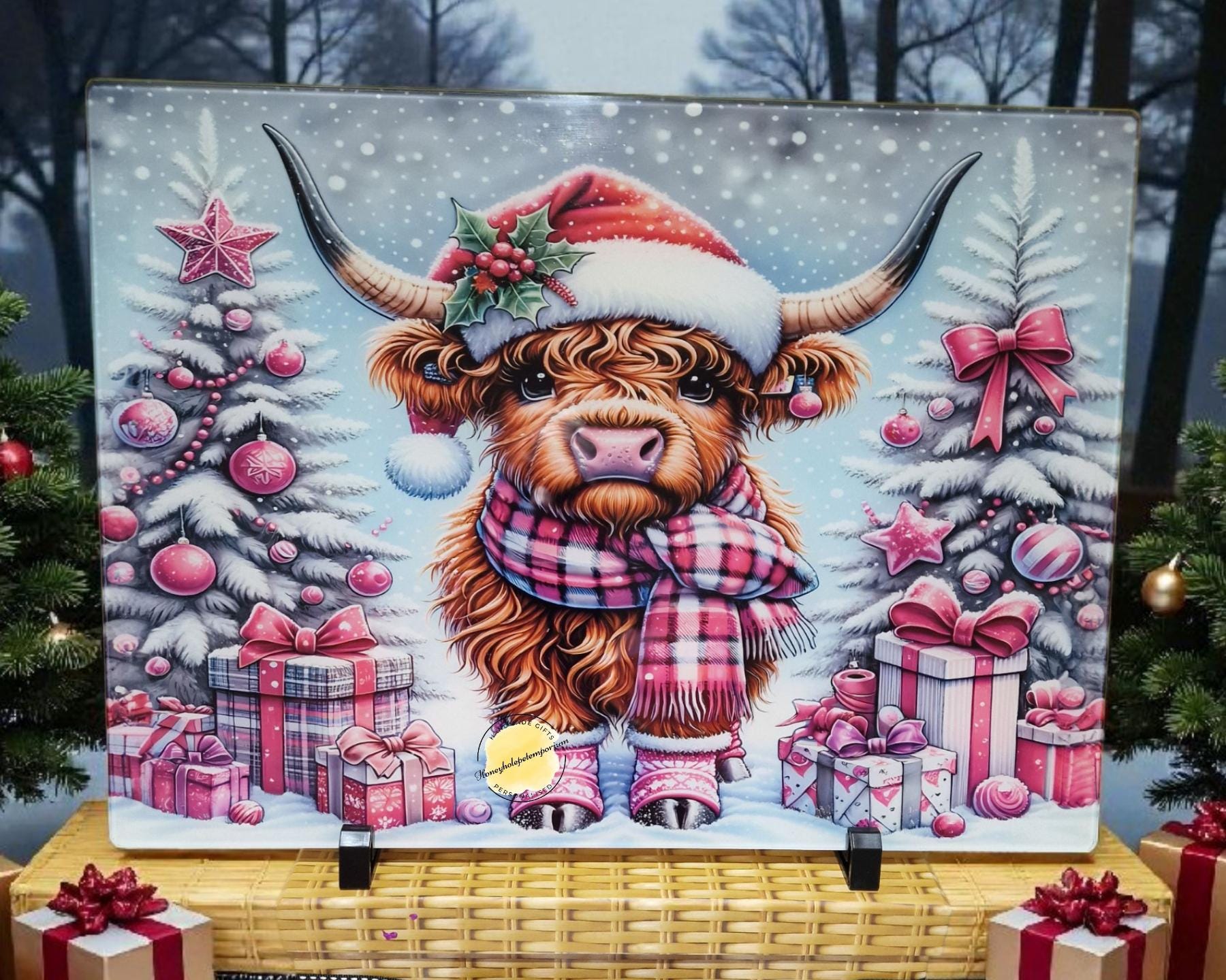 Highland Cow Christmas Glass Art | Scottish Holiday Decor