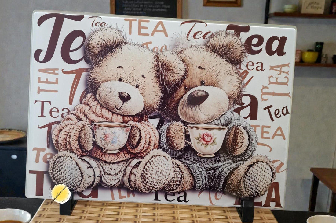 Teddy Bear Tea Party Glass Chopping Board – Cottagecore Kitchen Decor