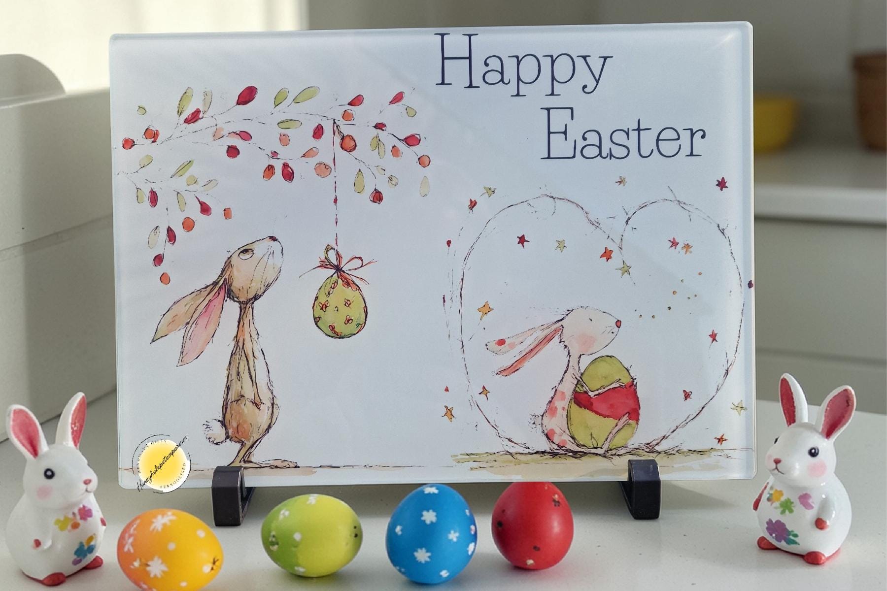 Happy Easter Glass Chopping Board, Bunny Rabbit Kitchen Decor, Spring Serving Board