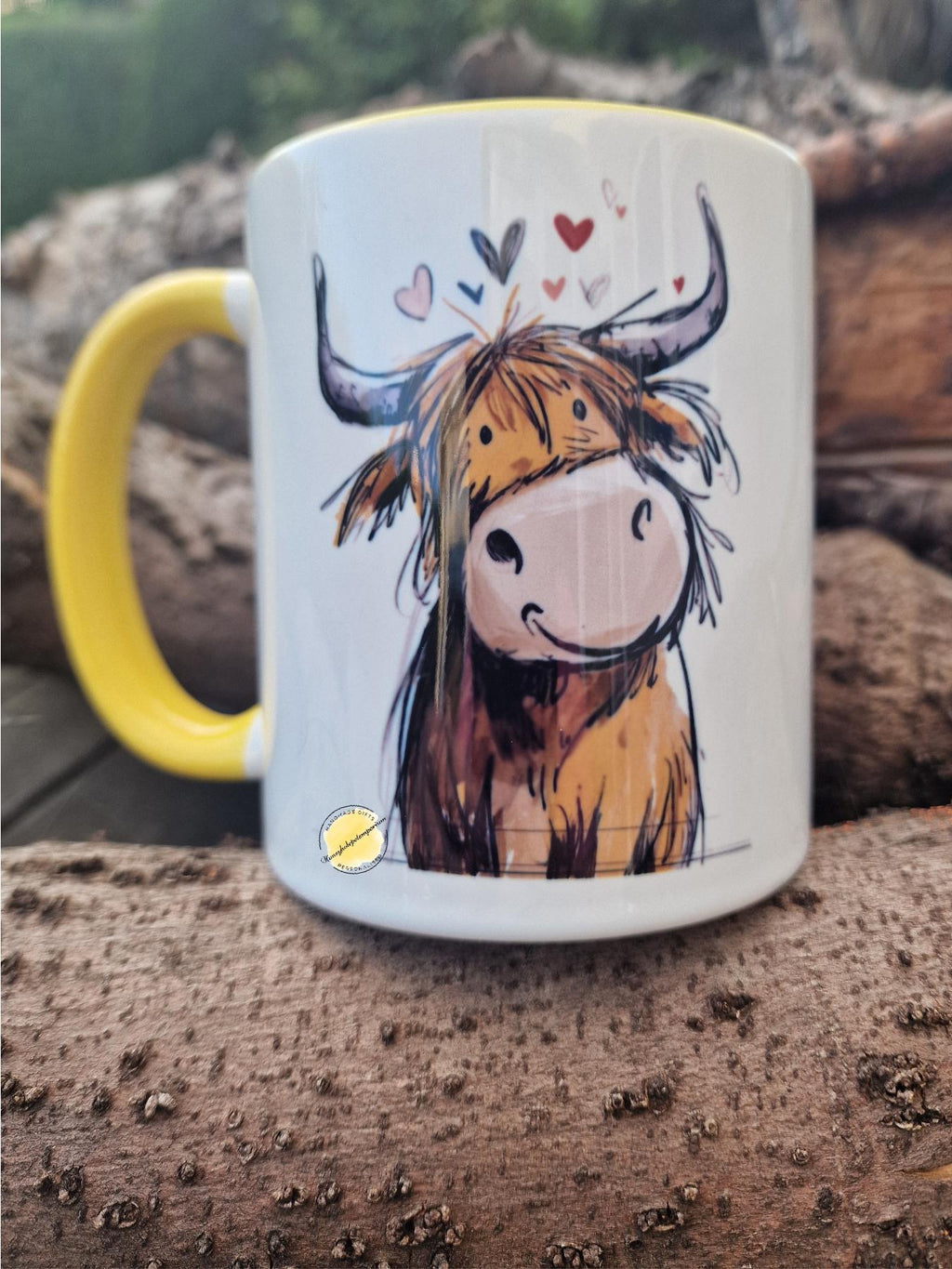 Cute Highland Cow Mug with Yellow Handle | Funny Cow Lover Gift | Animal Coffee Cup | Farmhouse Style Mug | Scottish Highland Cow