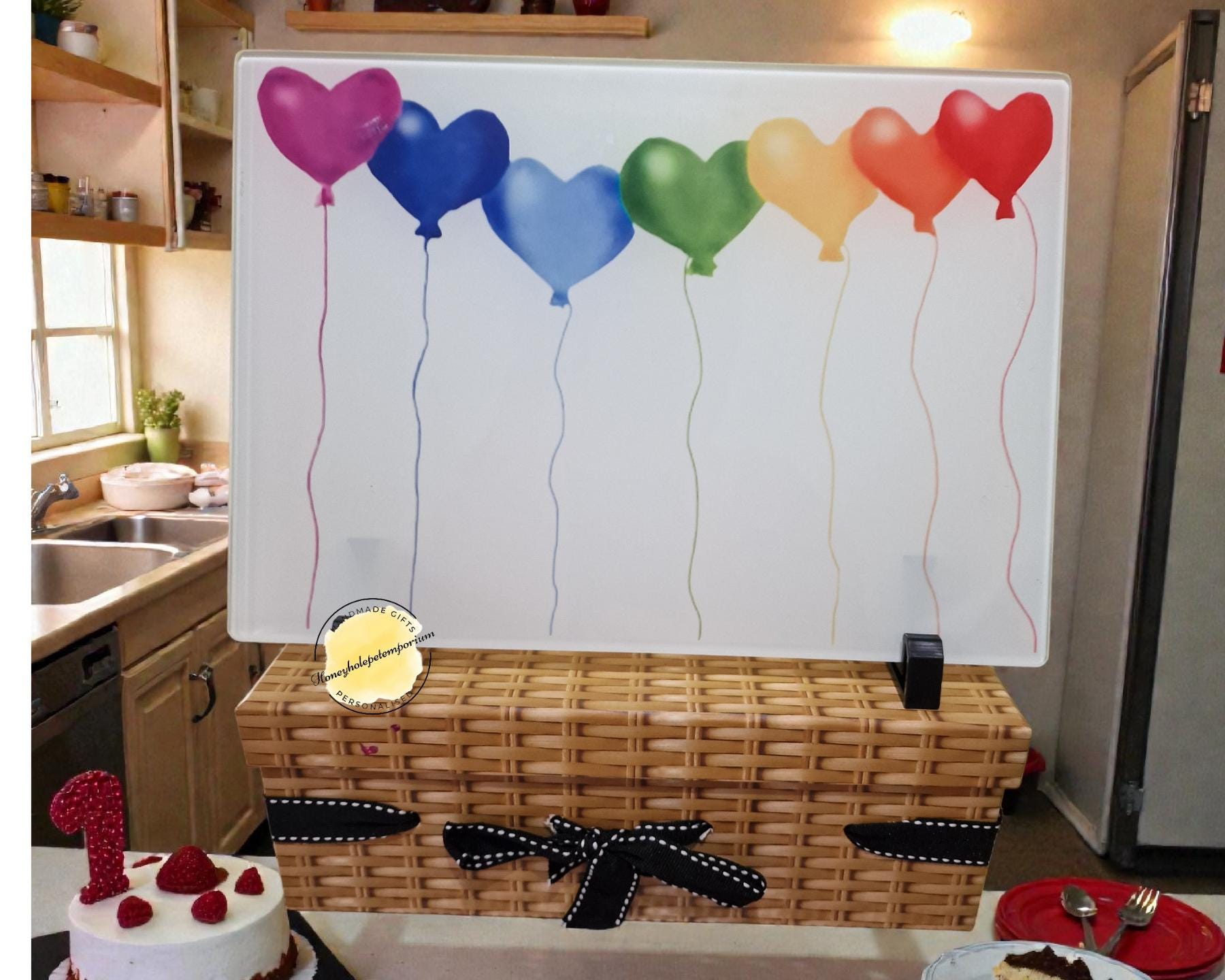 Rainbow Heart Balloons Glass Chopping Board – Kitchen Decor