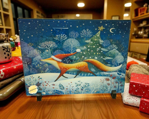 Christmas Fox Glass Chopping Board: Winter Woodland Kitchen Decor