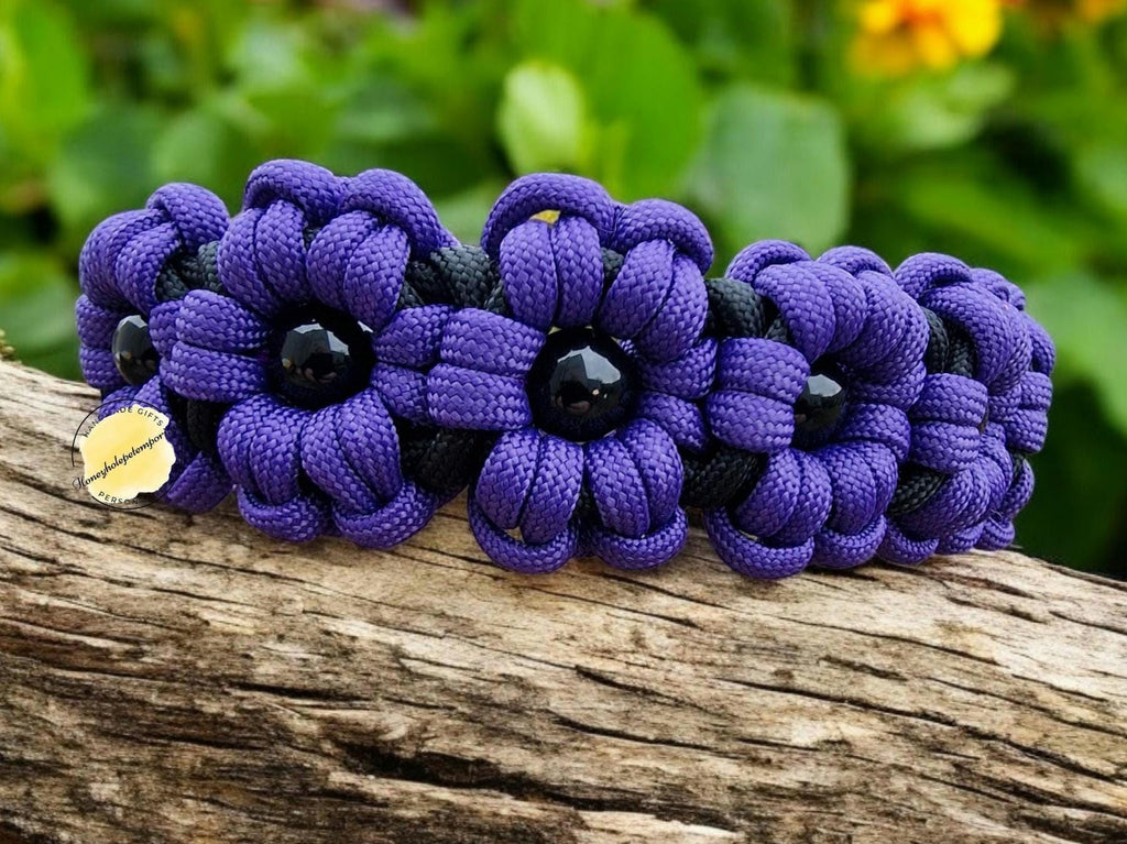 Handmade Paracord Dog Collar: Purple Flower & Bead Design, Adjustable Biothane