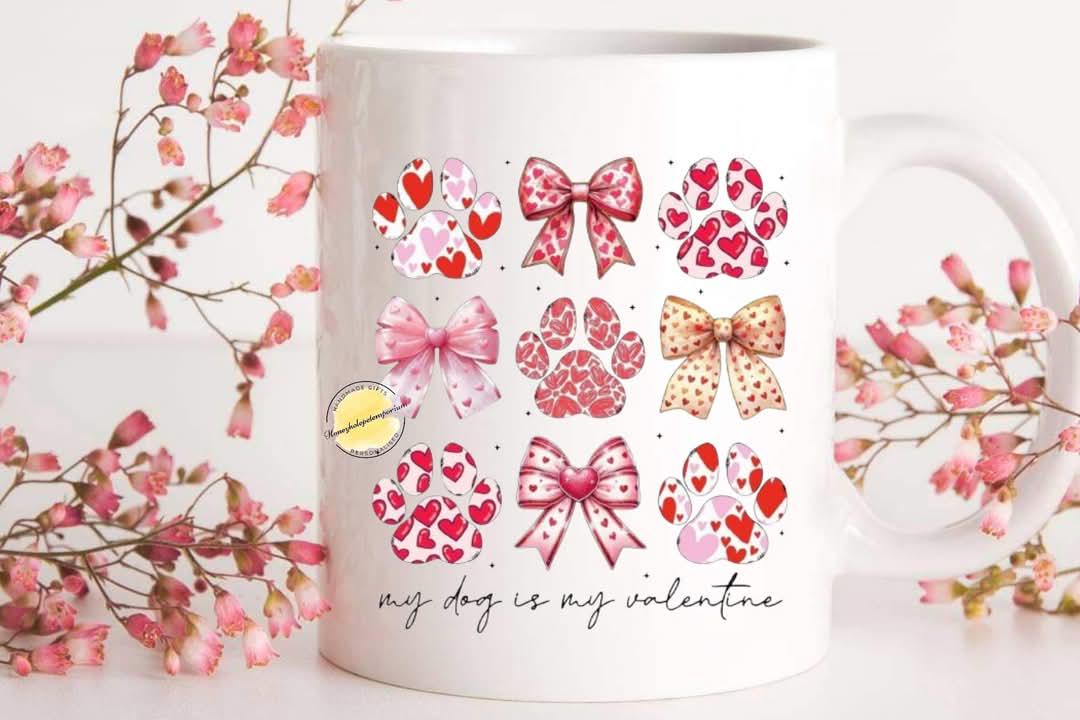Dog Lover Mug: Valentine's Paw Print Bow Design