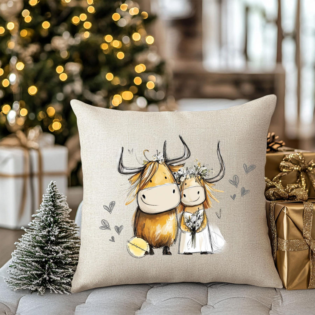 Highland Cow Wedding Cushion: Rustic Bride and Groom Pillow
