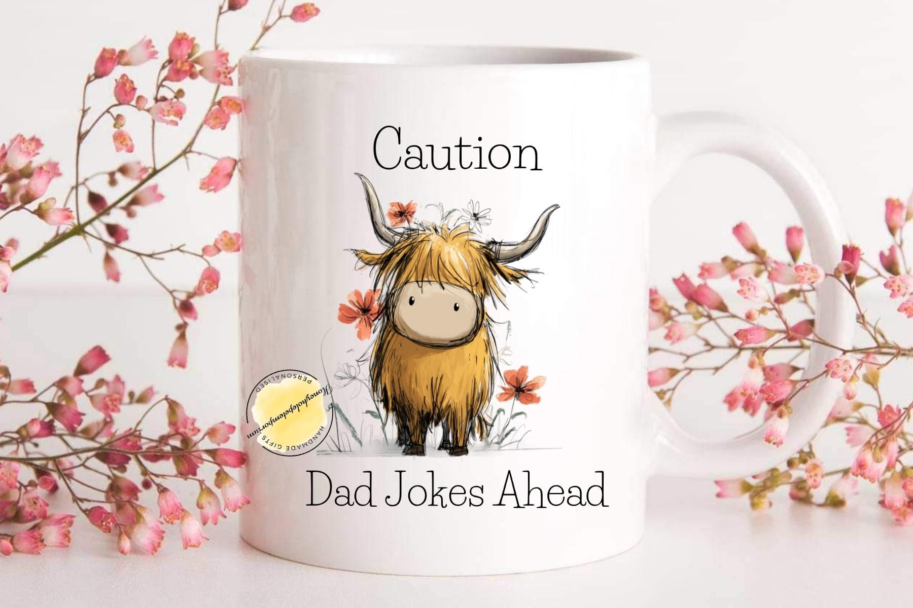 Highland Cow Dad Jokes Mug, Funny Caution Dad Ahead Coffee Cup