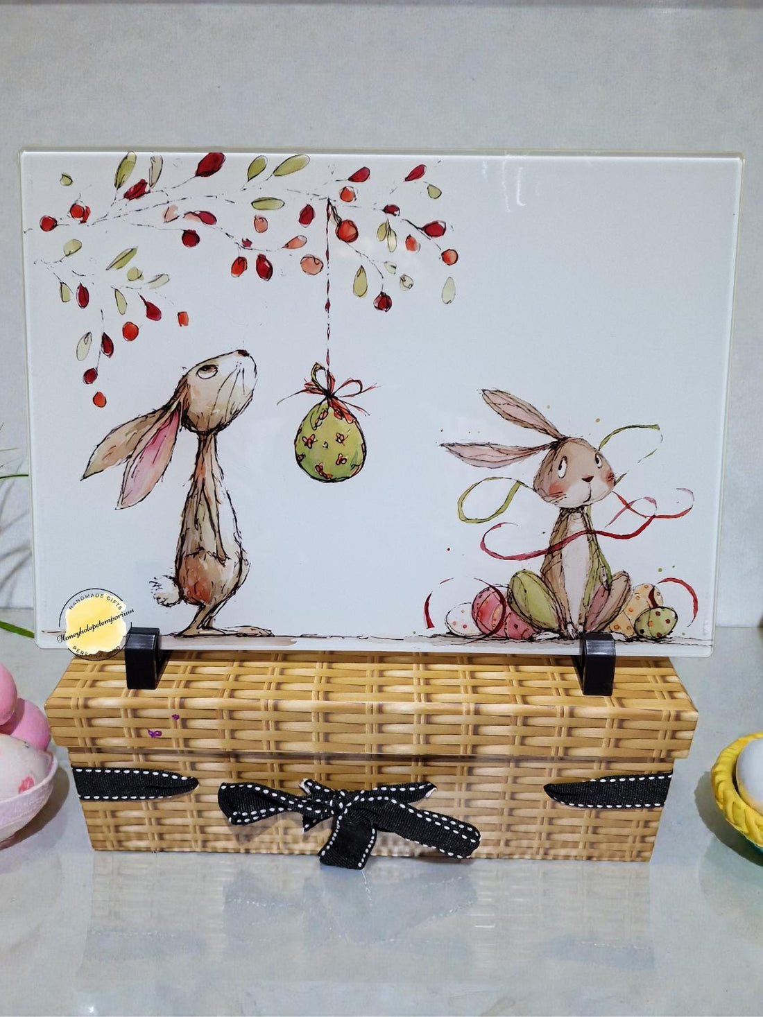 Easter Bunny Glass Chopping Board, Cute Rabbit Kitchen Board, Spring Easter Gift, Decorative Worktop Saver, Bunny Illustration Board