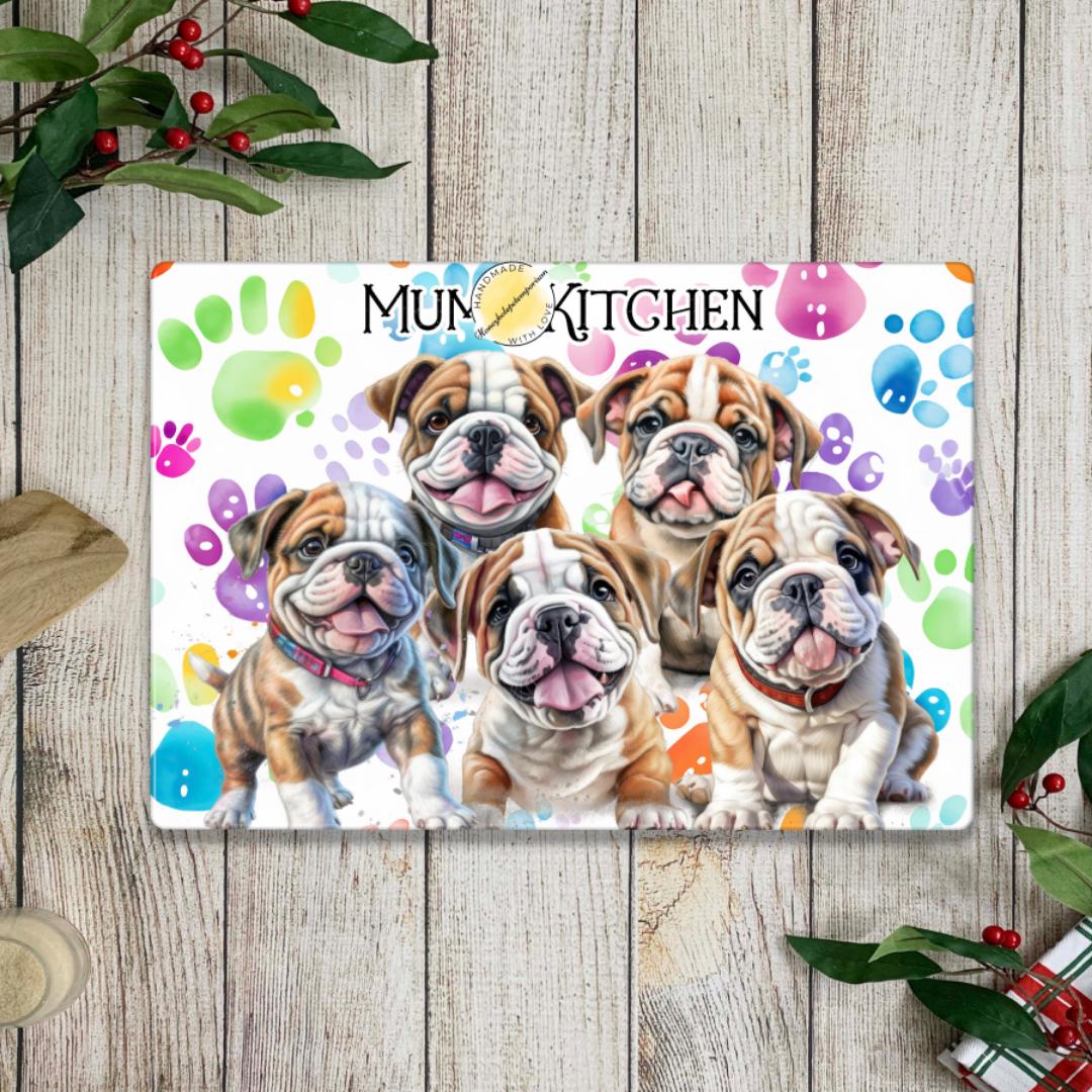 English Bulldog Glass Chopping Board: Colorful Paw Print Design