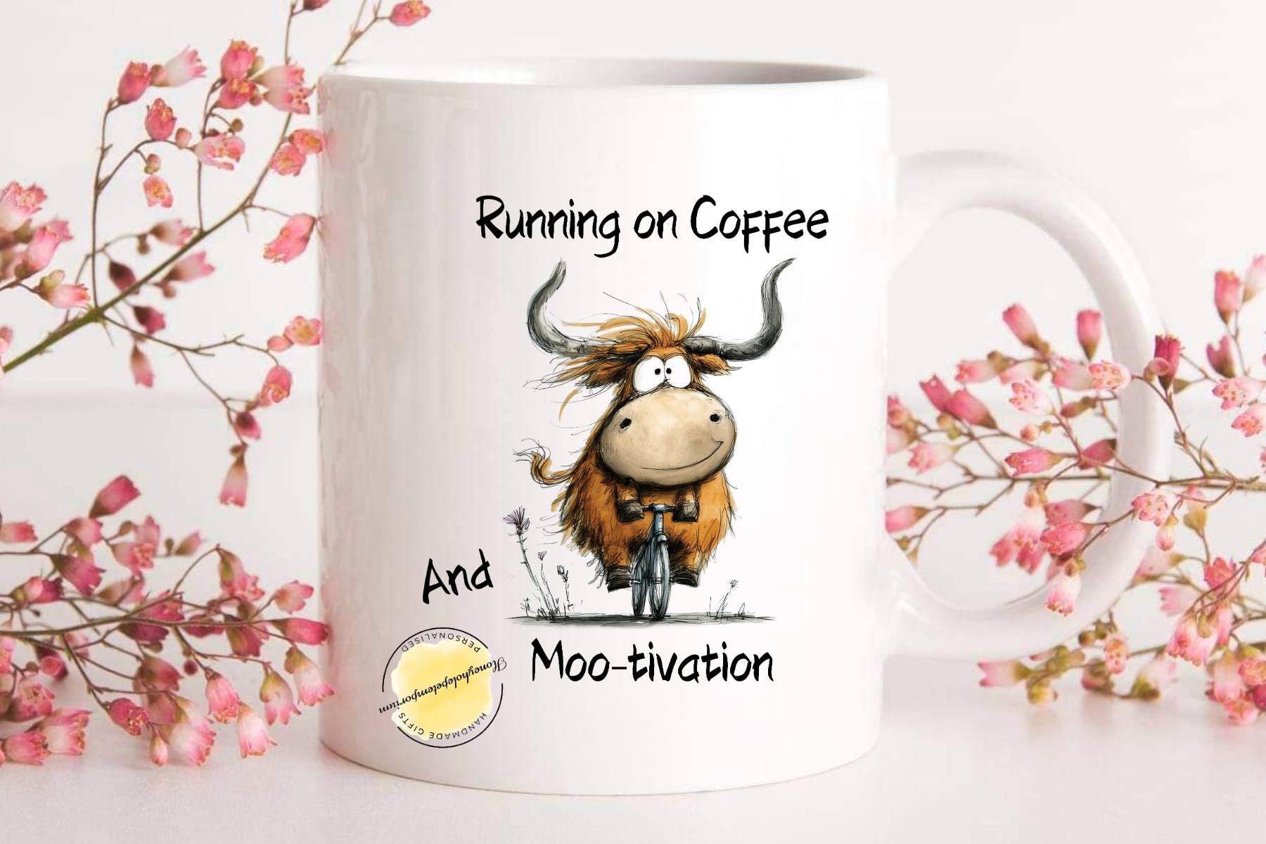 Funny Highland Cow Mug, Running on Coffee and Moo-tivation, Farm Animal Coffee Cup