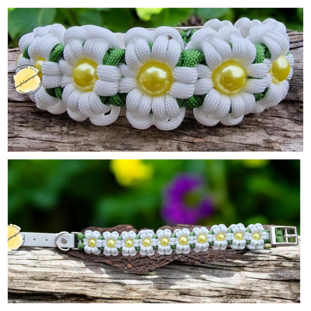 White Flower Paracord Dog Collar: Beaded Biothane, Adjustable