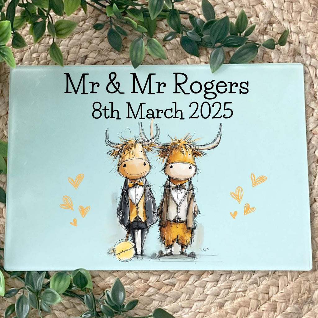 Personalized Highland Cow Wedding Cutting Board: Rustic Mr & Mrs Keepsake