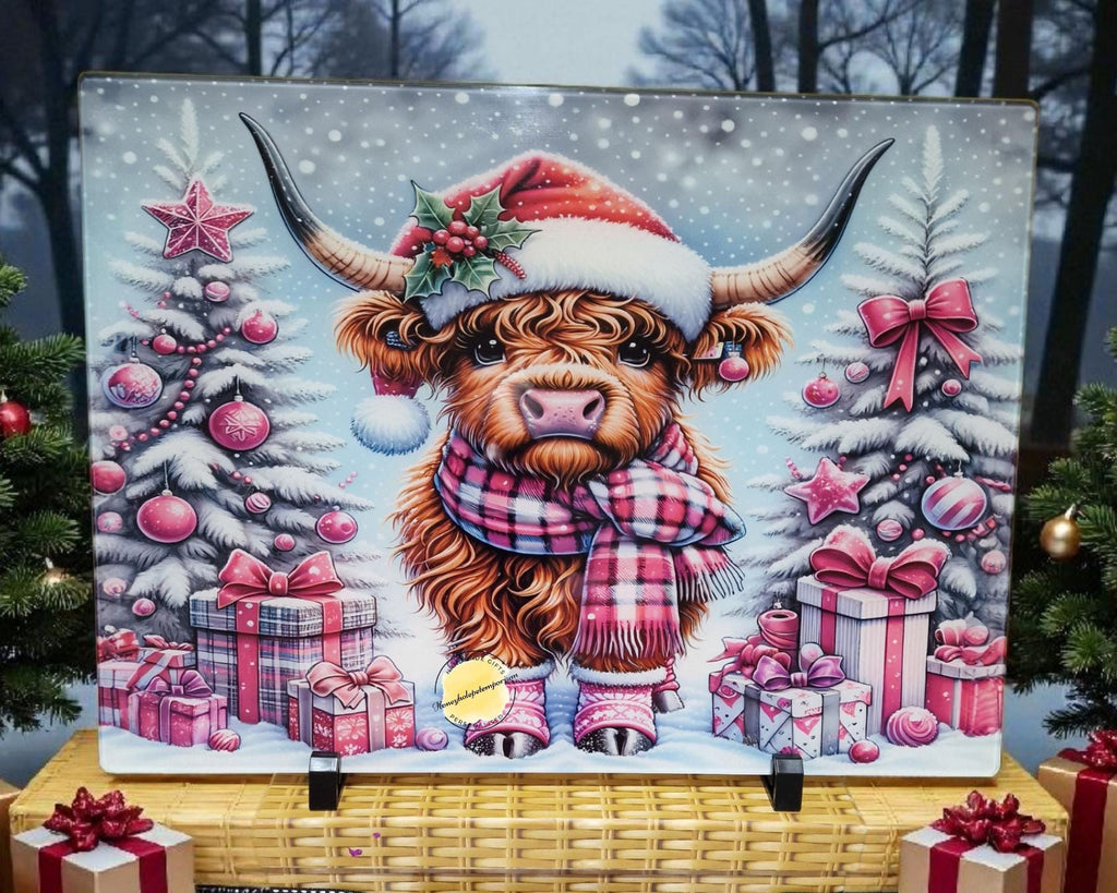 Highland Cow Christmas Glass Art | Scottish Holiday Decor