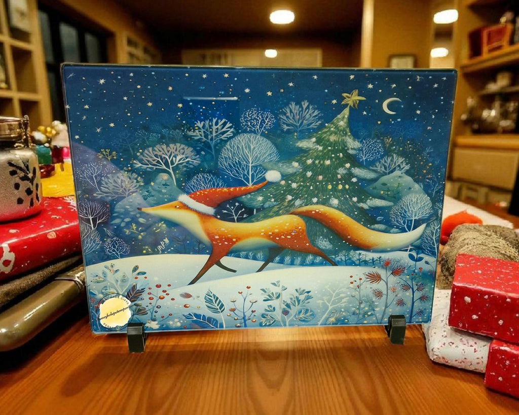 Christmas Fox Glass Chopping Board: Winter Woodland Kitchen Decor