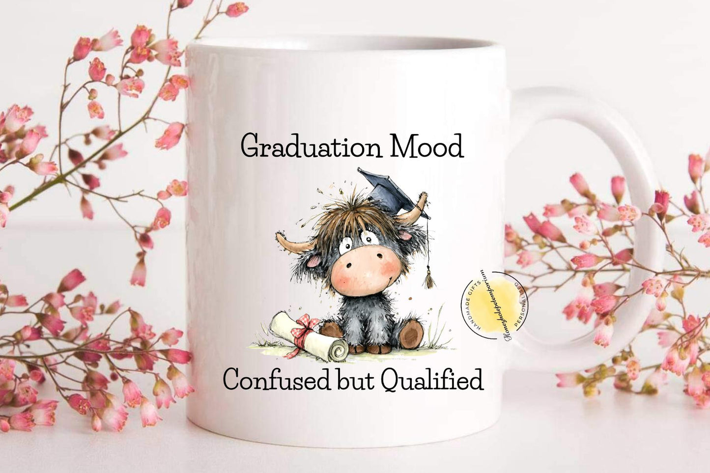 Highland Cow Graduation Mug, Confused but Qualified, Funny Uni Grad Gift