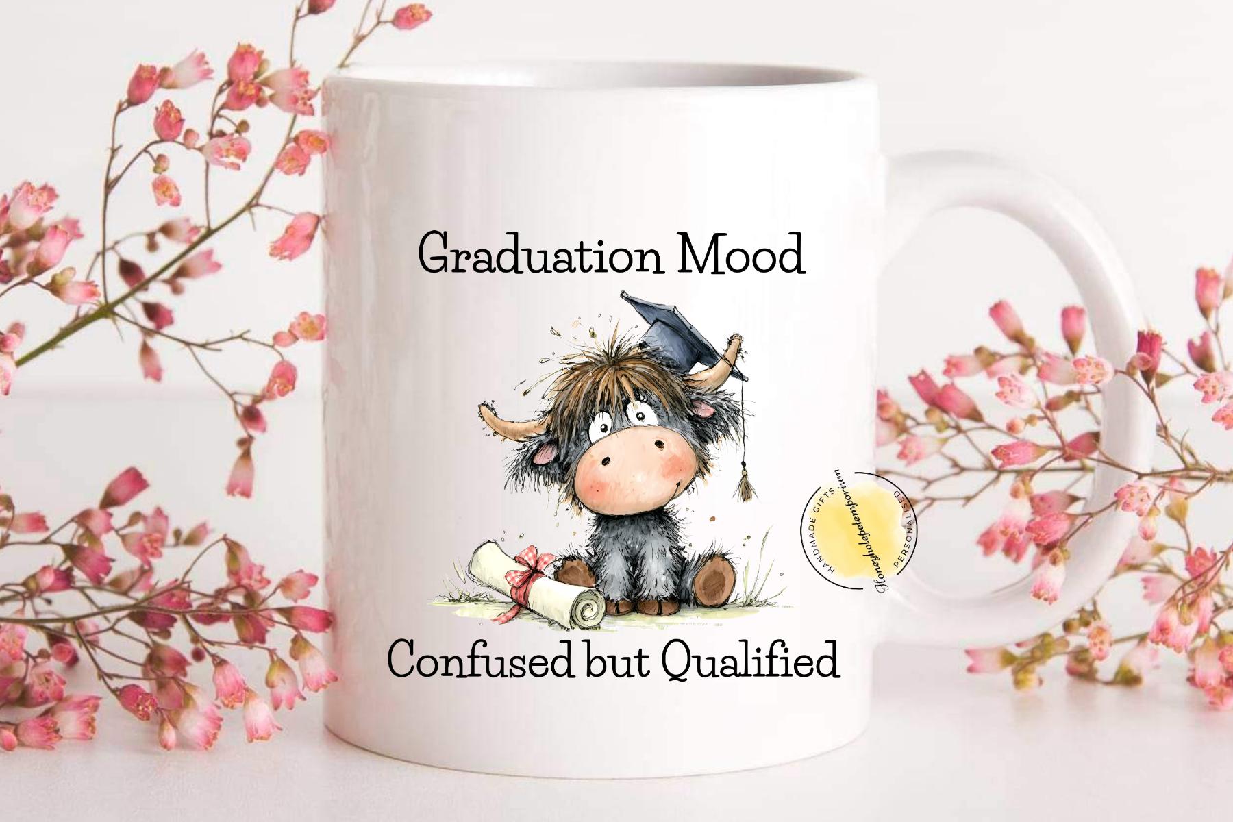 Highland Cow Graduation Mug, Confused but Qualified, Funny Uni Grad Gift