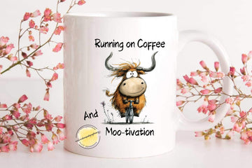 Funny Highland Cow Mug, Running on Coffee and Moo-tivation, Farm Animal Coffee Cup
