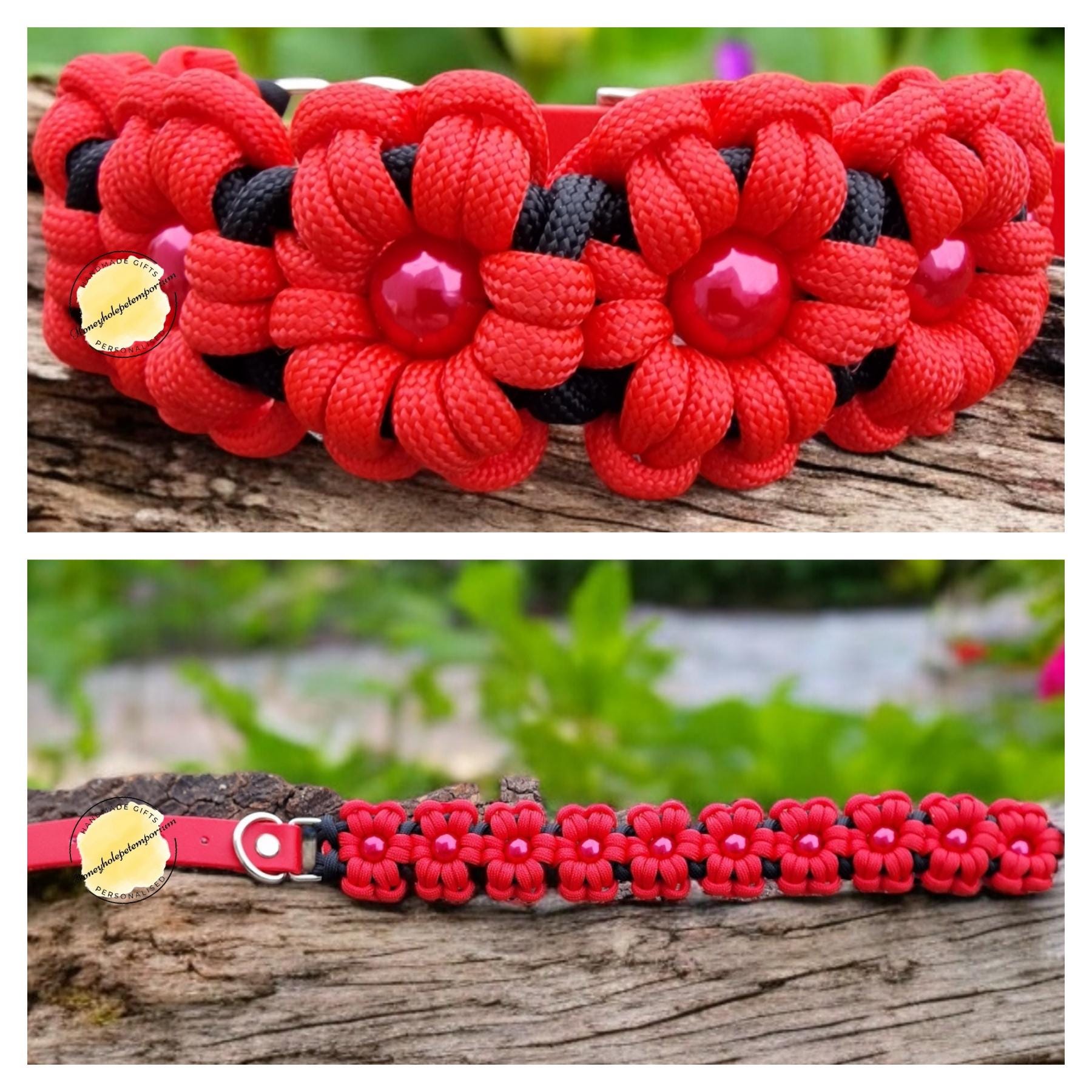 Handmade Paracord Dog Collar: Red & Black Floral Design