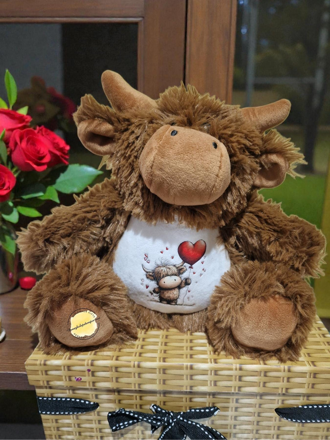 Valentine Highland Cow Soft Toy Gift Set | Cute Plush Cow with Heart Design | Romantic Valentine’s Day Gift for Her