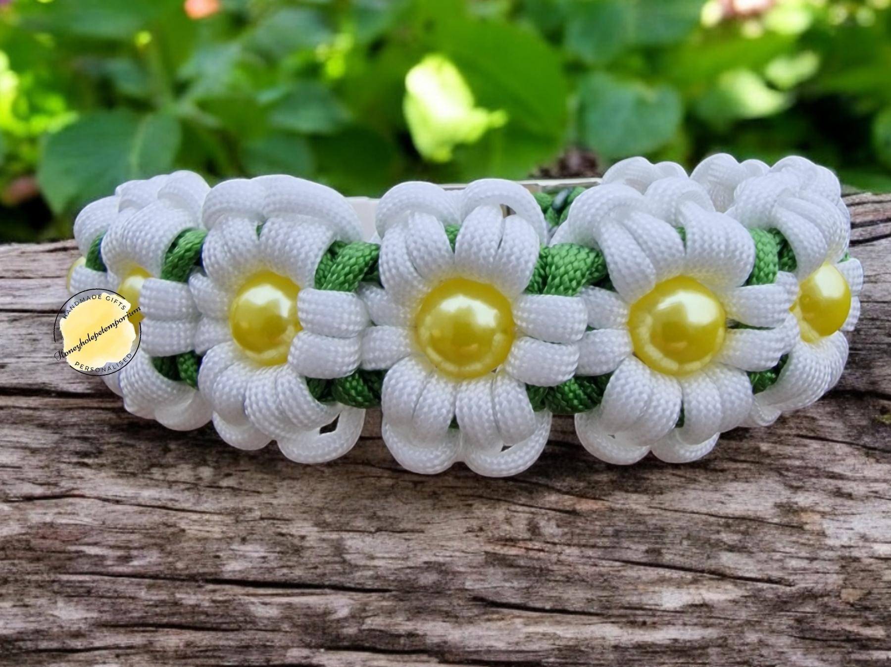 White Flower Paracord Dog Collar: Beaded Biothane, Adjustable