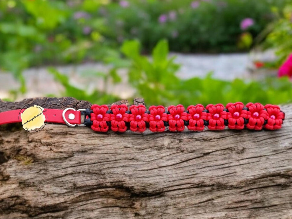Handmade Paracord Dog Collar: Red & Black Floral Design