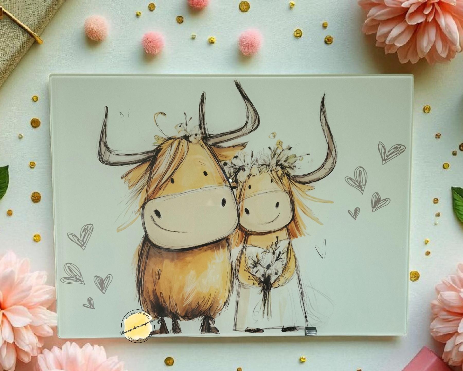 Highland Cow Wedding Chopping Board: Rustic Kitchen Decor