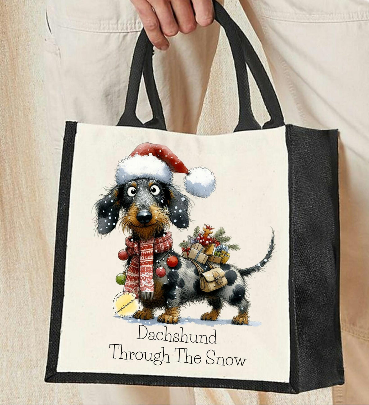 Dachshund Christmas Tote Bag: Eco-Friendly Cotton Jute Holiday Bag