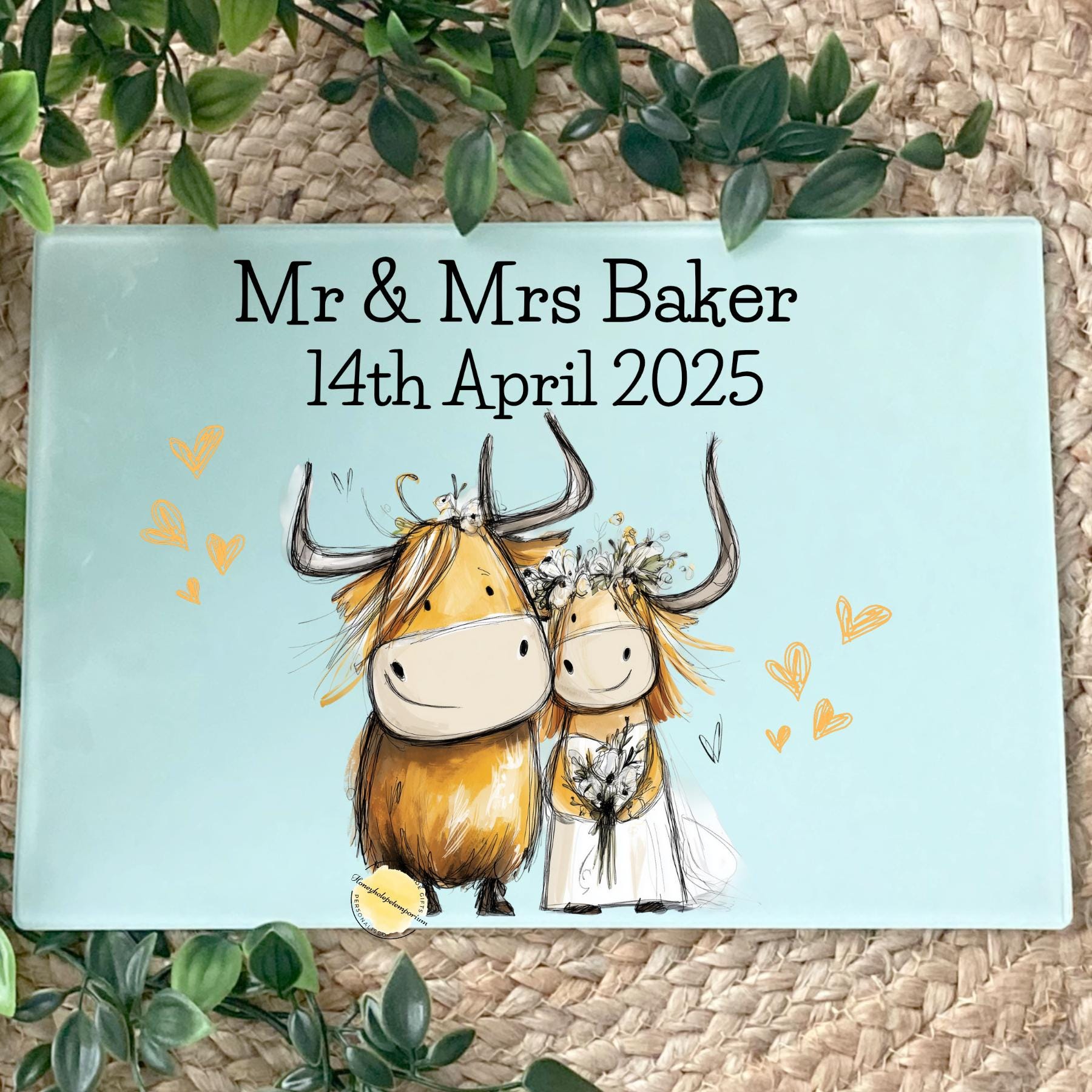 Personalized Highland Cow Wedding Cutting Board: Rustic Mr & Mrs Keepsake