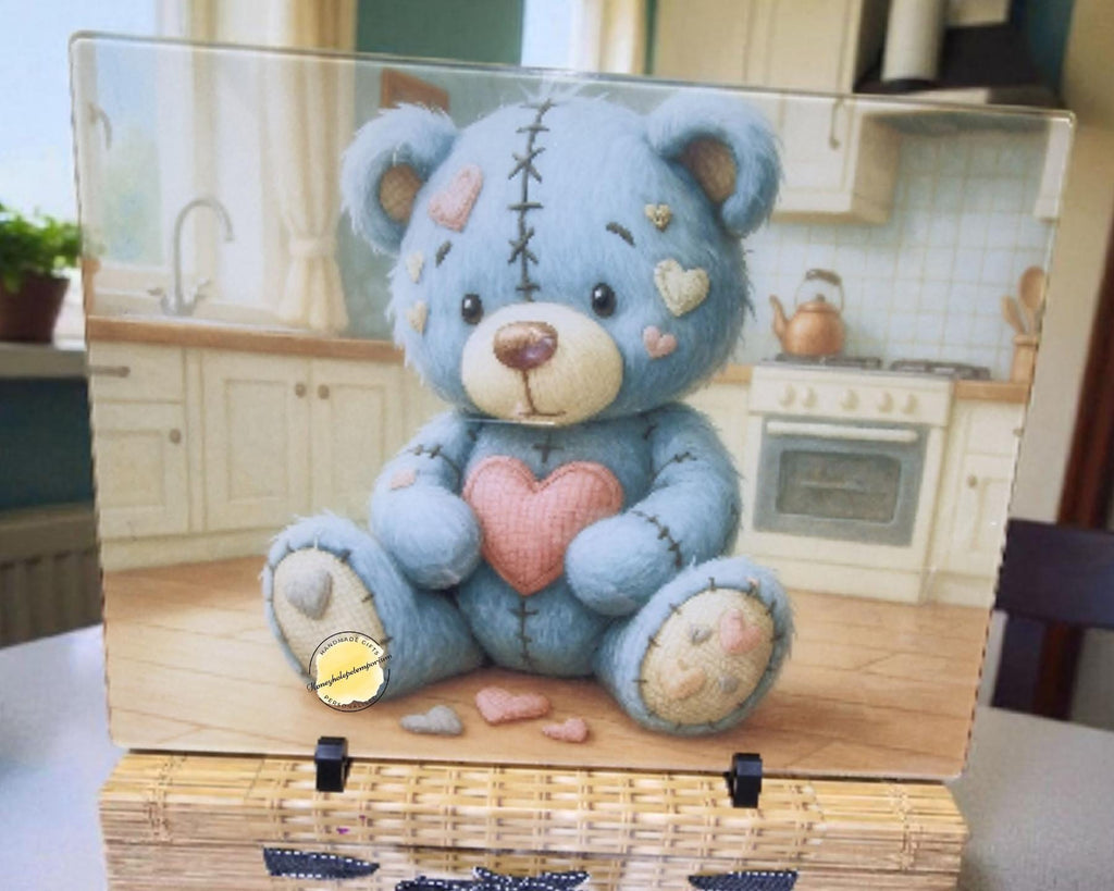 Blue Teddy Bear Glass Chopping Board – Heart Kitchen Decor
