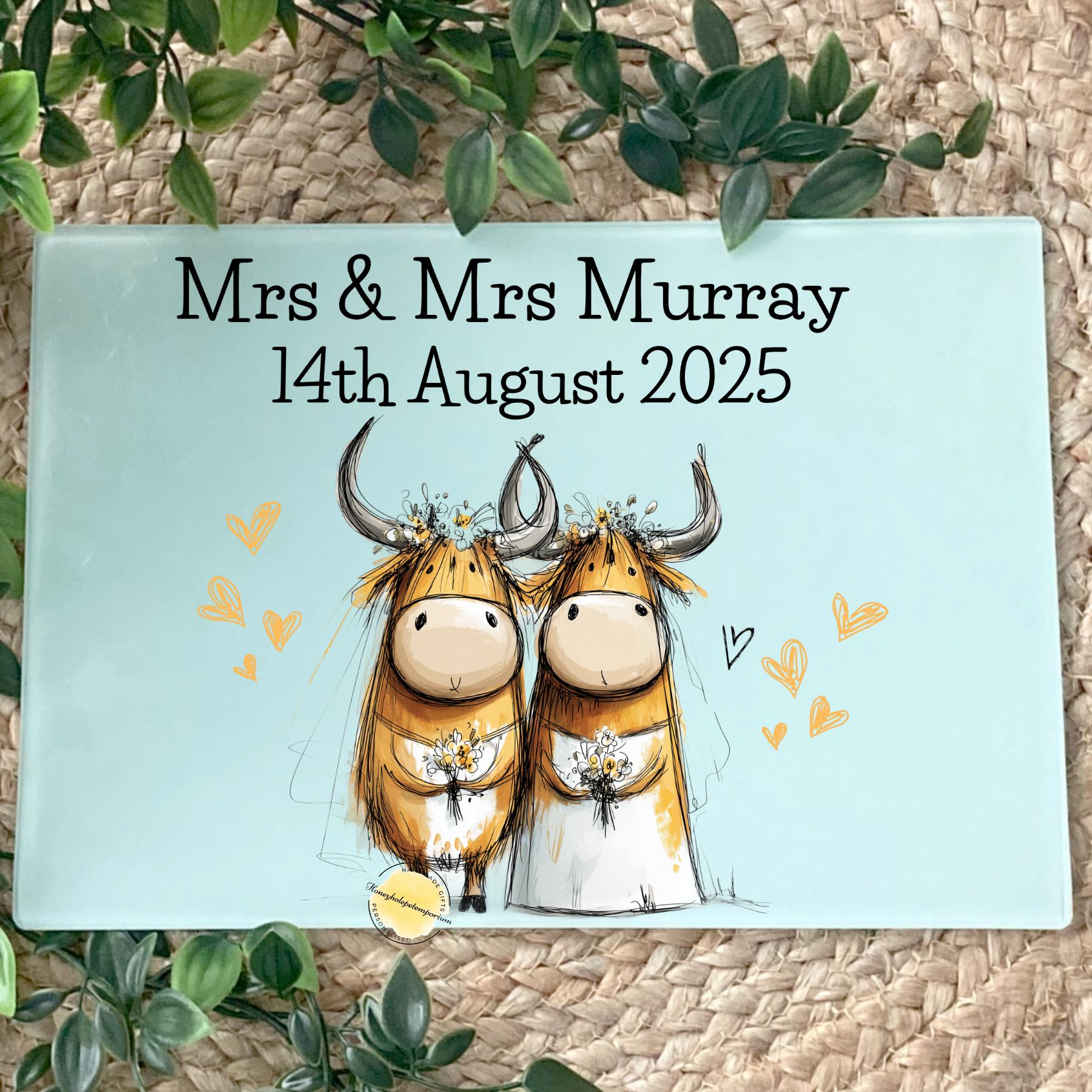 Personalized Highland Cow Wedding Cutting Board: Rustic Mr & Mrs Keepsake