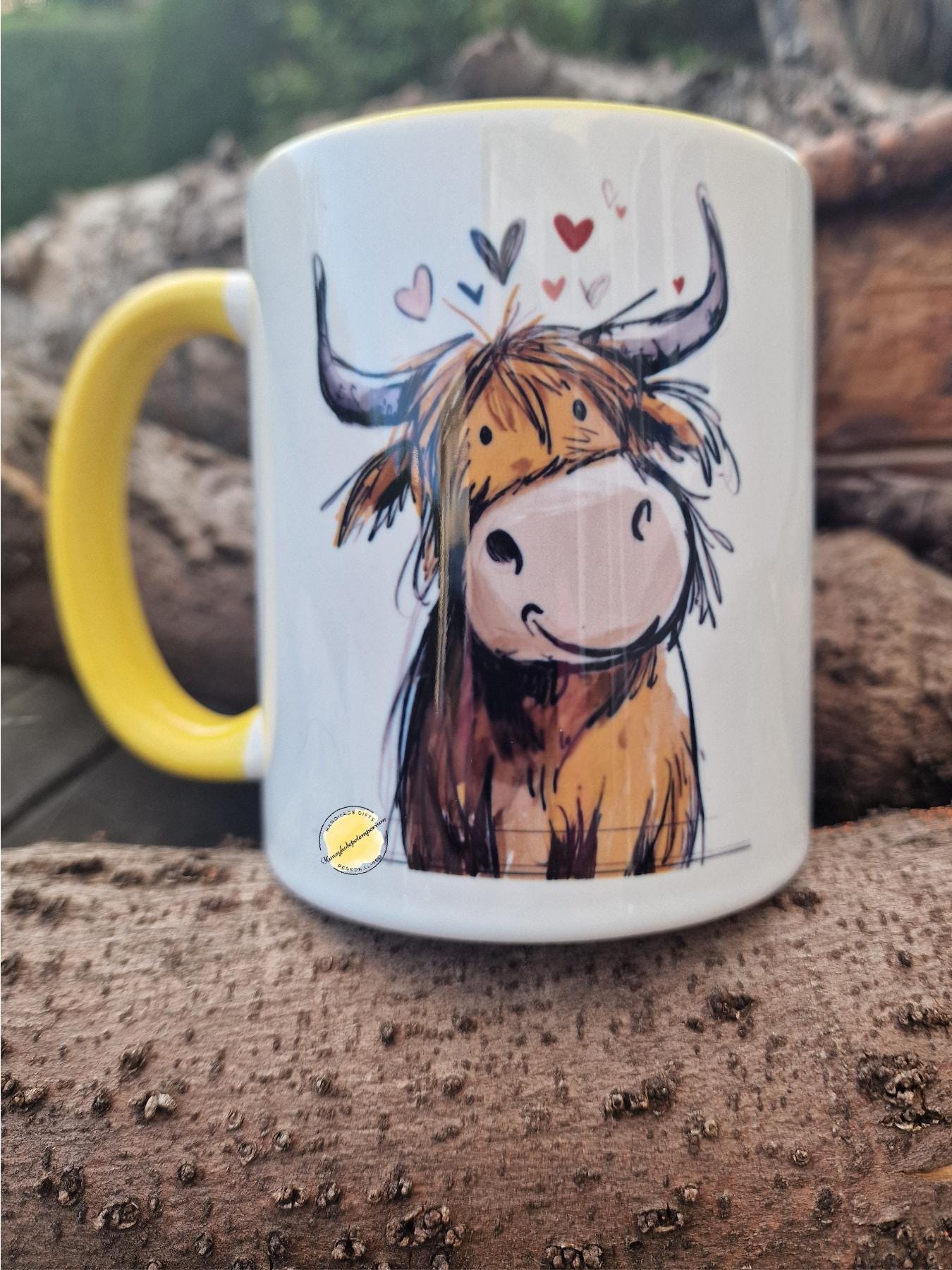 Cute Highland Cow Mug with Yellow Handle | Funny Cow Lover Gift | Animal Coffee Cup | Farmhouse Style Mug | Scottish Highland Cow