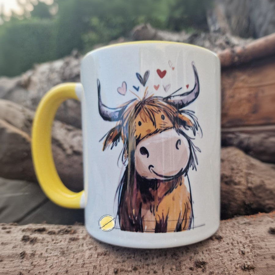 Cute Highland Cow Mug with Yellow Handle | Funny Cow Lover Gift | Animal Coffee Cup | Farmhouse Style Mug | Scottish Highland Cow