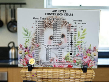 Hedgehog Air Fryer Conversion Chart Glass Chopping Board – Cute Kitchen Cooking Guide Board – Air Fryer Temperature & Time Chart