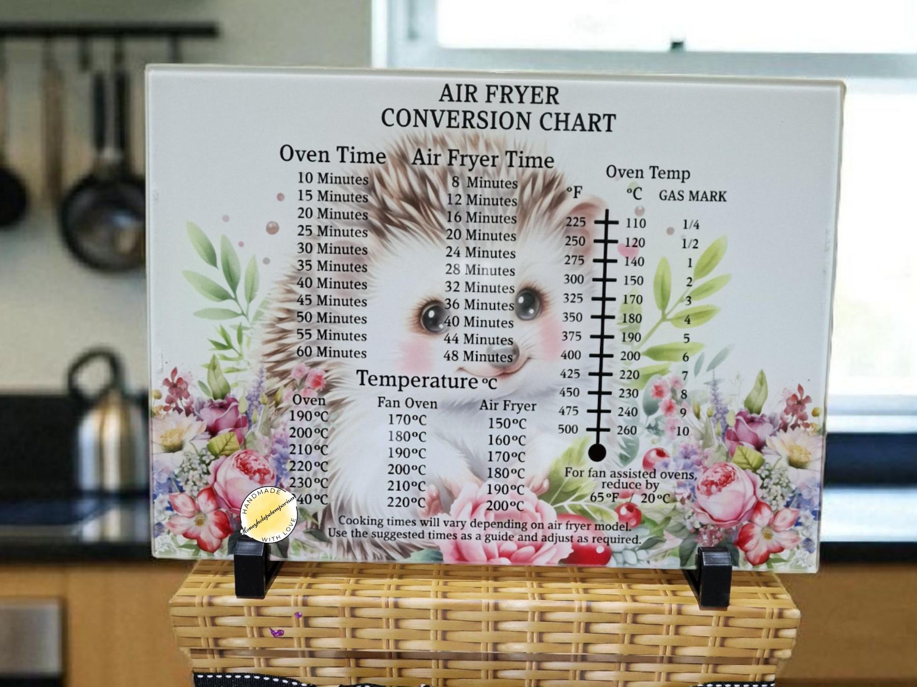 Hedgehog Air Fryer Conversion Chart Glass Chopping Board – Cute Kitchen Cooking Guide Board – Air Fryer Temperature & Time Chart