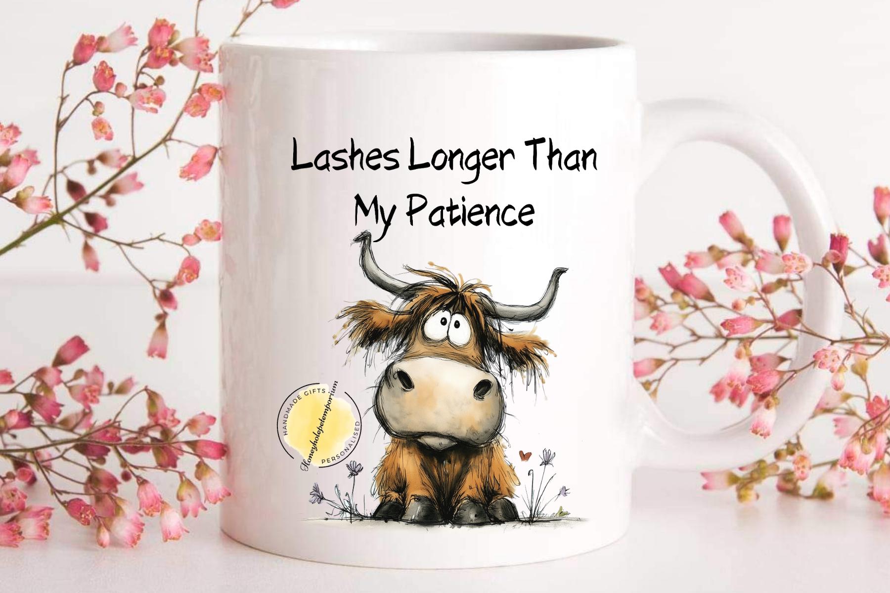 Funny Highland Cow Coffee Mug – Sarcastic Lashes Quote, Farmhouse Kitchen