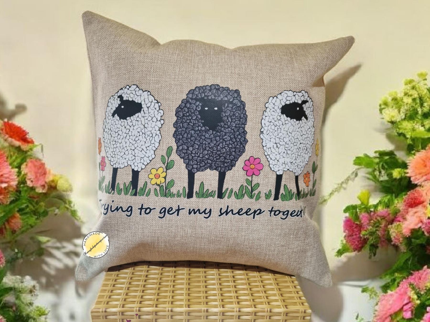 Funny Sheep Throw Pillow: Rustic Floral Cushion for Sheep Lovers